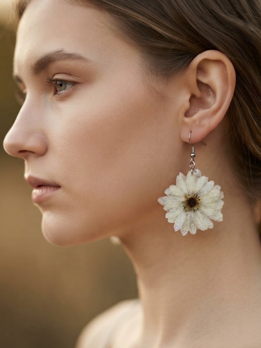 Handmade Real Daisy Flower Dangle Earrings - Resin Preserved & Stainless Steel